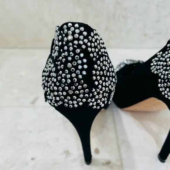 KAREN MILLEN {6} Black Silver Beaded Pumps Peep Toe Stiletto - Picture 7 of 16